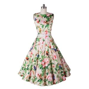 Retro floral and bird dress (Size S)